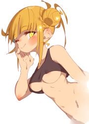 absurdres areola_slip areolae bags_under_eyes bangs blonde_hair blunt_bangs blush breasts closed_mouth crop_top double_bun female hair_up hand_on_own_cheek hand_on_own_face highres himiko_toga looking_at_viewer medium_breasts messy_hair midriff my_hero_academia narrowed_eyes no_bra rasusurasu shirt short_hair short_sleeves sidelocks simple_background slit_pupils smile solo stomach tank_top underboob upper_body white_background yellow_eyes