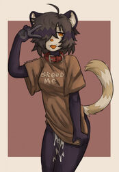 ailurid anthro bodily_fluids clothing collar cum cum_drip dripping fangs female flan_(puppyemonade) genital_fluids hi_res mammal no_pants orange_eyes puppyemonade red_panda shirt shirt_only solo solo_focus tailfuck_(meltymiilk) text text_on_clothing text_on_shirt text_on_topwear topwear