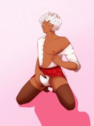 1boy black_nails brown_skin bulge button_down_shirt dark-skinned_male dream_smp dropsbyponk kneeling legs_apart male_only mcyt nail_polish nipple_piercing panties piercing pink_background red_eyes red_skirt sin_and_soap skirt skirt_lift stockings strip_tease stripping thigh_highs thighhighs thighs white_hair white_panties