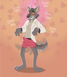 1boy anthro blueballs_(artist) blush bulge canid canine canis clothing dreamworks erection erection_under_clothes erection_under_clothing hi_res male male_only mammal mr._wolf_(the_bad_guys) open_clothing open_shirt open_topwear partially_clothed praise_kink shirt solo the_bad_guys topwear wolf