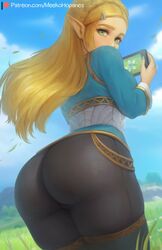 1girls absurd_res ass ass_focus ass_up back_view big_ass blonde blonde_hair breath_of_the_wild clothed dat_ass female female_only fully_clothed green_eyes highres huge_ass light-skinned_female light_skin long_hair looking_at_viewer looking_back meekohopanes nintendo outside pale-skinned_female pale_skin pants pointy_ears princess_zelda simple_background skin_tight solo solo_female the_legend_of_zelda thick_thighs tight_clothing tight_pants wide_hips wind zelda_(breath_of_the_wild)