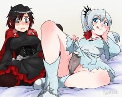 2022 2girls big_breasts black_hair blue_eyes breasts dress duo female female_only khartemis large_breasts long_hair multiple_girls muscular muscular_female open_mouth panties pussy red_hair rooster_teeth ruby_rose rwby scar shaved_pussy short_hair silver_eyes small_breasts smile teasing thick_thighs tongue weiss_schnee wet white_hair yuri