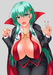 aqua_eyes black_pants black_suit breasts breasts_out fangs female green_hair hair_ornament halloween_costume huge_breasts jack-o'-lantern jack-o'-lantern_hair_ornament kantai_collection leaning_forward long_hair long_sleeves oniku_(kusomushi_onick) open_clothes open_shirt pants shirt solo suzuya_(kantai_collection) vampire vampire_costume very_long_hair white_shirt