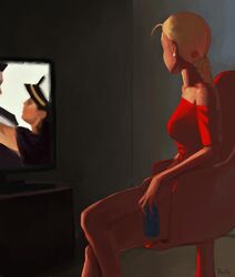 1girls ahoge bare_legs blonde_hair bottomless cammy_white crossed_legs doolio female long_hair off-shoulder_shirt sitting solo street_fighter television twin_braids watching watching_porn