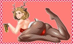 alcohol alternate_costume ass back back_view bare_back beer breasts brown_eyes brown_hair can christmas christmas_outfit eyeshadow fire_emblem fire_emblem:_three_houses fire_emblem_heroes fishnet_legwear fishnet_pantyhose fishnets gloves grin large_ass lipstick looking_at_viewer looking_back makeup manuela_casagranda manuela_casagranda_(winter) medium_breasts mole mole_under_eye nintendo official_alternate_costume orange_eyeshadow red_lips red_lipstick short_hair suiren_ciao the_pose