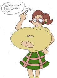 1girls 2013 big_breasts breast_expansion breasts brown_hair brown_skin chalk chalkzone english_text eyebrows eyewear frustrated green_skirt letherhands69 nickelodeon orange_glasses penny_sanchez ripped_clothing simple_background text text_bubble wardrobe_malfunction white_background words yellow_shirt