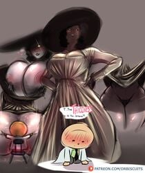 1boy 1boy1girl 1girls alcina_dimitrescu artist_name belly belly_button big_breasts big_hat black_panties blush breast_press breast_squeeze breasts capcom clothes clothes_lift clothing dark_hair dialogue doctor dominant domination dr.biscuits dress dress_lift elegant english english_text face_on_breast female gloves grey_background hand_on_hip hat large_breasts legs looking_at_another looking_down male male/female nervous nervous_smile nipples oc original_character panties resident_evil resident_evil_8:_village shiny_eyes simple_background smile smiling taller_girl teasing thick_thighs thighhighs thighs underwear vampire yellow_eyes