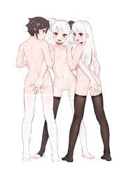 1boy 2girls absurdres asymmetrical_legwear bangs black_hair breasts closed_mouth commentary_request covering covering_crotch double_bun female from_behind full_body heart heart-shaped_pupils highres long_hair looking_at_viewer looking_back male mismatched_legwear multiple_girls nail_polish navel nipples no_shoes nude open_mouth original red_eyes simple_background small_breasts standing star-kiss star-shaped_pupils star_(symbol) stirrup_legwear stomach symbol-shaped_pupils thighhighs toeless_legwear toenail_polish toenails tongue tongue_out white_background white_hair white_legwear white_nails