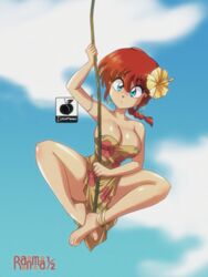 1girls 2021 bare_legs big_breasts blue_eyes cleavage clothing dress feet flower large_breasts linkartoon ranma-chan ranma_1/2 ranma_saotome red_hair solo solo_female twintails