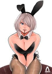 breasts bunny_girl bunnysuit female i_am_anddo leotard male nier nier:_automata pantyhose pocky short_hair thighs white_hair yorha_2b