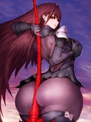 1girls ass back_view between_ass between_buttocks big_ass big_breasts bodysuit breasts curvaceous curvy fate/grand_order fate_(series) female female_focus female_only fumio_(rsqkr) hips holding_object_between_buttocks long_hair looking_at_viewer looking_back object_between_ass scathach_(fate) sideboob solo solo_female solo_focus spear thick_thighs thighhighs thighs voluptuous weapon weapon_between_buttocks wide_hips