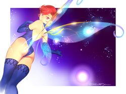 1girls backside bodysuit cowboy_shot elbow_gloves fairy fairy_wings megami_tensei pink_eyes pixie_(megami_tensei) red_hair shin_megami_tensei short_hair solo thighhighs tombsakura