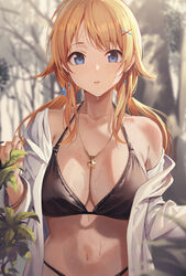 1girls big_breasts bikini blonde_hair blue_eyes breasts covered_breasts curvy curvy_figure earrings female female_only forest forest_background hachimiya_meguru hair_ornament idolmaster idolmaster_shiny_colors jacket leaves looking_at_viewer midriff navel necklace necklace_between_breasts open_jacket partially_clothed ponytail ponytails sola_(artist) solo star_ornament stars surprised wet wet_body white_jacket