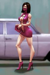 1girls 2d black_hair bob_cut breasts center_opening cleavage clothed covered_mouth doolio female high_heels large_breasts mask medium_hair mileena mileena_(mk9) minidress mortal_kombat mortal_kombat_(2011) navel no_bra purse revealing_clothes short_dress yellow_eyes