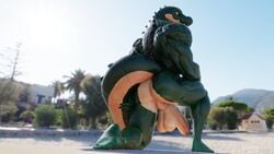 anthro ass backsack balls big_butt connivingrat crocodile crocodilian crocodylid genitals green_body hanging_balls helm_(connivingrat) hi_res humanoid_genitalia humanoid_penis kneeling looking_at_viewer looking_back looking_back_at_viewer male male_focus male_only male_solo muscular muscular_male nude penis perineum presenting presenting_hindquarters reptile scalie solo solo_male thick_thighs yellow_sclera