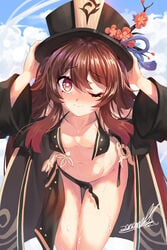 absurdres bent_over bikini black_bikini blush brown_hair female female genshin_impact hand_on_headwear hat highres hu_tao_(genshin_impact) long_sleeves looking_at_viewer navel one_eye_closed open_clothes red_eyes swimsuit symbol-shaped_pupils tears top_hat twintails wardrobe_malfunction wet zonunoll