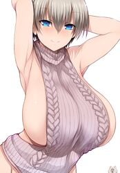 armpits arms_behind_head big_breasts blue_eyes blush breasts breasts_bigger_than_head cat closed_mouth cute enormous_breasts eyebrows_visible_through_hair female female_focus female_only gigantic_breasts grey_hair hourglass_figure huge_breasts jersey large_breasts overflowing_breasts short_hair shortstack smile solo solo_female solo_focus sweater thighs tsukasawa_takamatsu uzaki-chan_wa_asobitai! uzaki_hana virgin_killer_sweater voluptuous white_background young younger_female