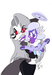 angel angry anthro anthro_on_anthro blush bottomwear bovid canid canid_demon caprine clothed clothing collin_(helluva_boss) colored defensive demon duo embrace eyebrows female fluffy fluffy_hair fluffy_tail fur grey_body grey_fur grey_hair hair halo hellhound helluva_boss hi_res hooves hug humanoid long_hair loona_(helluva_boss) male male/female mammal midriff multicolored_body multicolored_fur nervous_smile open_mouth open_smile purple_body purple_fur purple_hair red_eyes romantic romantic_couple sharp_teeth sheep skirt smile spread_legs spreading teeth thick_eyebrows two_tone_body two_tone_fur wastedtimeee werewolferos white_body white_fur worried_look