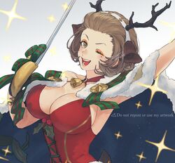 1girls 91007 ;d alternate_costume animal_costume animal_ears antlers armpits breasts brown_eyes brown_hair cape choker christmas christmas_outfit cleavage eyeshadow fake_animal_ears fake_antlers female female_only fire_emblem fire_emblem:_three_houses fire_emblem_heroes fur_trim hair_ornament hair_slicked_back highres large_breasts lipstick looking_at_viewer makeup manuela_casagranda manuela_casagranda_(winter) mole mole_under_eye nintendo official_alternate_costume one_eye_closed open_mouth orange_eyeshadow orange_lips orange_lipstick reindeer_antlers reindeer_costume short_hair smile solo wink winking winking_at_viewer