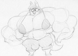 3_toes 4_fingers anthro balls big_muscles bottomwear bra bulge canid canine claire_(harvey_beaks) clothing eyewear fangs feet fingers fox genital_outline genitals glasses gynomorph hair harvey_beaks harvey_beaks_(series) huge_muscles intersex mammal muscular muscular_gynomorph muscular_intersex navel open_mouth penis_outline sbshouseofpancakes shorts standing toes underwear