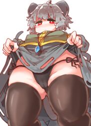 absurd_res ahoge animal_humanoid big_breasts blush breasts cameltoe clothed clothing clothing_lift dress dress_lift female grey_hair hair hi_res humanoid legwear low-angle_view mammal mammal_humanoid mouse_humanoid murid murid_humanoid murine murine_humanoid nazrin panties pendant red_eyes rodent rodent_humanoid sabitare short_hair solo thigh_highs touhou underwear video_games