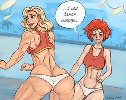 2girls ass ass_awe ass_cleavage ass_focus beach beverly_(nortuet) blonde_female blonde_hair borrowed_character butt_crack female_only ginger ginger_hair lesbian looking_at_ass multiple_girls muscular muscular_female nortuet_universe original red_hair swimwear tara_(nortuet) volleyball yuri zerbebuth