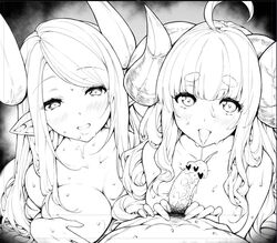 1boy 2girls after_ejaculation ahoge anila_(granblue_fantasy) bangs blush breasts cleavage collarbone cum cum_in_mouth draph eyebrows_visible_through_hair facial granblue_fantasy horns kumbhira_(granblue_fantasy) large_breasts long_hair looking_at_viewer male_pubic_hair monochrome multiple_girls mushi024 oral parted_bangs penis pointy_ears pov pubic_hair smile sweat thick_eyebrows tongue tongue_out