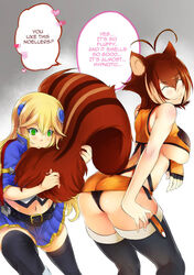 2girls animal_ears animal_tail ass blazblue breasts dialogue english_text female female_only huge_ass huge_breasts hypno-roxa hypnotic_smell makoto_nanaya multiple_girls noel_vermillion smelling squirrel_ears squirrel_tail thick_thighs underboob