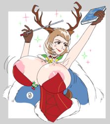 1girls alternate_costume antlers areola_slip areolae areolae_slip beauty_mark bell book breast_expansion breasts brown_eyes brown_hair cape christmas christmas_outfit cleavage earrings easybee eyeshadow female_only fire_emblem fire_emblem:_three_houses fire_emblem_heroes gloves huge_breasts lipstick magic makeup manuela_casagranda manuela_casagranda_(winter) mistletoe mole mole_under_eye nintendo official_alternate_costume orange_eyeshadow pointer red_lips red_lipstick short_hair sideboob smile solo