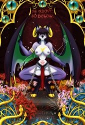 4322chan anthro bovid breasts canid canine caprine card chained chains clothed clothing demon detailed_background exposed_breasts female flower fox goat hi_res horn hybrid looking_at_viewer mammal partially_clothed plant purple_body solo succubus tarot_card wings