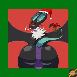 anthro anus ass balls bedroom_eyes candy candy_cane chiropteran christmas christmas_clothing christmas_headwear clothing dessert food furry genitals green_background hat headgear headwear hi_res holidays looking_at_viewer looking_back male male_only mammal narrowed_eyes nintendo noivern perineum pokémon_(species) pokemon pokemon_(species) raised_tail reallydarkandwindie rear_view red_background santa_hat seductive simple_background solo tail video_games