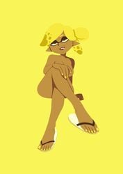 bedroom_eyes breasts cleavage crossed_legs dark-skinned_female flip_flops freeglass hips inkling inkling_girl iseenudepeople nintendo obscured_breasts sandals splatoon tentacle_hair yellow_eyes yellow_hair yellow_nail_polish yellow_nails