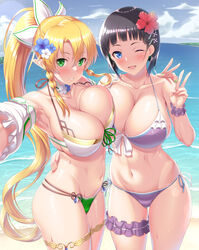 2021 alter_ego arm_around_shoulder asymmetrical_docking beach bikini black_hair blonde_hair blue_eyes blue_sky blush breast_to_breast breasts choker elf elf_ears elf_female female female_only flower_hair_ornament green_bikini green_eyes hi_res hips huge_breasts kawase_seiki kirigaya_suguha leafa long_hair long_ponytail outdoors peace_sign pointy_ears ponytail purple_bikini sand short_hair slim_waist smile sword_art_online thick_thighs thighs very_high_resolution water wide_hips wink