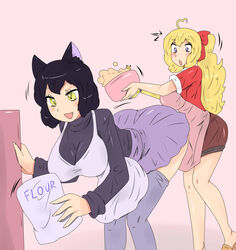 2girls apron ass ass_awe ass_in_air baking big_breasts black_hair blake_belladonna blonde_hair blush breasts canon_couple cat_ears catgirl christmas christmas_outfit clothed clothing female female/female female_focus female_only holding_bowl holding_object leaning_forward leaning_over long_hair picking_up ponytail purple_eyes red_bow robotic_arm rwby short_hair shorts skirt staring_at_ass thick_thighs thighhighs thighs yang_xiao_long yellow_eyes zronku