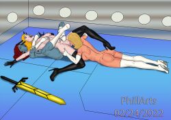 3girls blonde_hair blue_skin dominant_female emma_frost female female_only forced illyana_rasputin magik_(illyana_rasputin) marvel marvel_comics multiple_girls mystique oral phillarts raven_darkholme red_hair white_queen x-men yuri