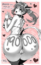 1girls 2021 ass ass_focus big_breasts bikini bikini_bottom bikini_top body_writing bodypaint breasts cow_ears cow_girl cow_horns cow_print cow_print_bikini cow_tail dat_ass female female_focus female_only follower_celebration heart kojima_saya legwear looking_at_viewer looking_back milestone_celebration open_mouth original original_character partially_visible_vulva pink_background sideboob solo solo_female standing thank_you thong upper_body wrist_cuffs