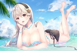 1girls absurdres alternate_costume ass bare_legs bare_shoulders barefoot beach bead_bracelet bead_necklace beads bikini black_bikini blue_sky bracelet breasts cleavage cloud cloudy_sky collarbone commentary corrin_(fire_emblem) corrin_(fire_emblem)_(female) day female female_only fire_emblem fire_emblem_cipher fire_emblem_fates full_body hair_between_eyes hairband head_rest highres jewelry large_breasts long_hair looking_at_viewer lying necklace nintendo ocean on_stomach open_mouth oramikainu outdoors palm_tree partially_submerged pointy_ears red_eyes shell shell_bikini silver_hair sky smile soles solo splashing starfish swimsuit the_pose tree water_drop