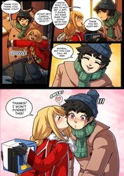 1girls 2021 blonde_hair comic elf female freckles holly_(kinkymation) kinkymation kissing_cheek male michael_(kinkymation) original original_character tagme