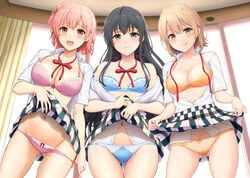 3girls :q absurdres black_hair blue_bra blue_eyes blue_panties blush bra breasts clothes_lift commentary_request curtains female gluteal_fold groin highres inanaki_shiki isshiki_iroha large_breasts lifted_by_self light_brown_hair long_hair looking_at_viewer medium_breasts multiple_girls my_teen_romantic_comedy_snafu navel neck_ribbon open_clothes open_mouth open_shirt orange_bra orange_panties panties panty_pull pink_bra pink_hair pink_panties plaid plaid_skirt pulled_by_self raised_eyebrows red_eyes ribbon school_uniform shirt short_hair shy skirt skirt_lift small_breasts sweat thigh_gap thighs tongue tongue_out underwear untied upskirt very_long_hair wavy_mouth white_shirt window yellow_eyes yuigahama_yui yukinoshita_yukino