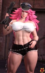 1girls 3d abs artist_logo athletic athletic_female big_breasts black_short_shorts black_shorts blue_eyes breasts busty capcom chains choker clothing cutoff_shorts denim_shorts female final_fight hagiwara_studio handcuffs hat holding_whip hourglass_figure long_hair looking_at_viewer muscles muscular muscular_female navel pink_hair pink_nail_polish poison_(final_fight) pose posing revealing_clothes riding_crop short_shorts smirk smirking_at_viewer standing street_fighter tank_top thick_thighs toned unbuttoned_shorts whip white_tank_top white_topwear wide_hips