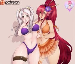 2girls alternate_costume bikini crossover fire_emblem fire_emblem_awakening fire_emblem_heroes large_breasts law-zilla multiple_girls nintendo official_alternate_costume purple_bikini purple_swimsuit robin_(female)_(summer)_(fire_emblem) robin_(fire_emblem) robin_(fire_emblem)_(female) skirt swimsuit tengen_toppa_gurren_lagann thigh_belt thighs twintails voice_actor_connection yoko_littner