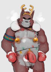 2021 anthro belly black_nose blush brown_body canid canine canis christmas domestic_dog furry genitals gloves handwear highres holidays kemono male mammal moobs nipples overweight overweight_male solo testicles ujishiyo