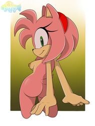 amy_rose anthro ass border breasts brown_nipples colored eulipotyphlan female fur hair hedgehog hi_res looking_at_viewer looking_back looking_back_at_viewer mammal nipples nude pink_body pink_fur pink_hair scut_tail sega short_tail sirenstudios solo sonic_(series) sonic_the_hedgehog_(series) white_border