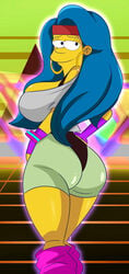 1girls 80's_theme alternate_breast_size alternate_hairstyle ass big_ass big_breasts big_butt blue_hair earrings female female_only fingerless_gloves glowstick glowstick_bracelet hair_down headband huge_breasts legwarmers long_hair looking_at_viewer marge_simpson shiny_clothes shiny_skin smile smiling solo solo_female sonson-sensei the_simpsons wide_hips yellow_skin younger