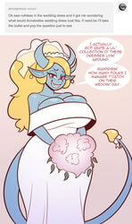 annabelle_summerfell_(cobatsart) big_breasts blue_skin bouquet_of_flowers cleavage cobatsart curvy earrings horns hourglass_figure long_ears long_hair red_eyes sharp_teeth smile succubus tail wedding_dress wide_hips