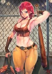 1girls 2d abs armpits bare_midriff baseball_bat baseball_cap blue_eyes breasts cait_(fallout) cleavage clothed clothing curvy f.s. fallout fallout_4 female female_focus female_only freckles freckles_on_face human human_only humanoid large_breasts light-skinned_female light_skin muscular_female pale-skinned_female pale_skin red_hair ripped_pants sfw shiny_hair shiny_skin short_hair short_top skin_tight solo sweat thick_thighs tight_clothing tomboy toned toned_body toned_female watermark