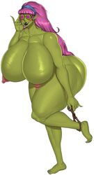 big_breasts blush breasts feet female goggles green_skin hair hi_res huge_breasts humanoid humanoid_pointy_ears long_hair nipples orc orc_female purple_hair rope sharp_teeth solo suyasususu tankysuya teeth