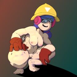 2021 ass_cheeks bare_ass bare_back bare_breasts bare_legs bare_shoulders bare_thighs barefoot big_breasts blue_hair brawl_stars crouching feet helmet highres huge_breasts jacky_(brawl_stars) lewd_potato looking_at_viewer naked partially_clothed pov red_gloves spread_legs thick_thighs tinted_eyewear toes visor