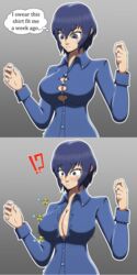 atlus blue_eyes blue_hair blush breasts clothed clothing female huge_breasts justdrawingjake persona persona_4 shirogane_naoto solo surprised tagme text wardrobe_malfunction