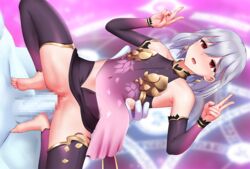 bangs blush breasts fate/grand_order fate_(series) female ginhaha kama_(fate) looking_at_viewer red_eyes short_hair silver_hair small_breasts thighs